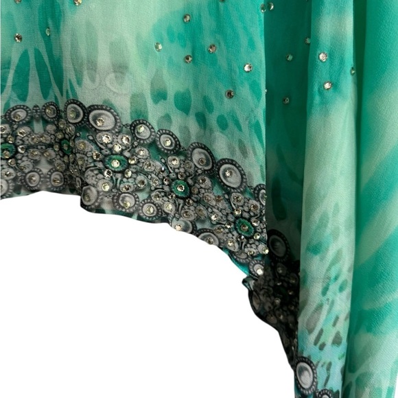 Ranees Sheer Boho Tunic Beach Coverup Turquoise Blue Asymmetrical Rhinestone M - Picture 3 of 11